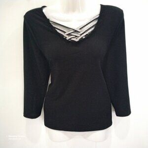 89th & Madison Long Sleeve Rhinestone Lattice V-Neck Stretch Sweater NWT Pt/Sm